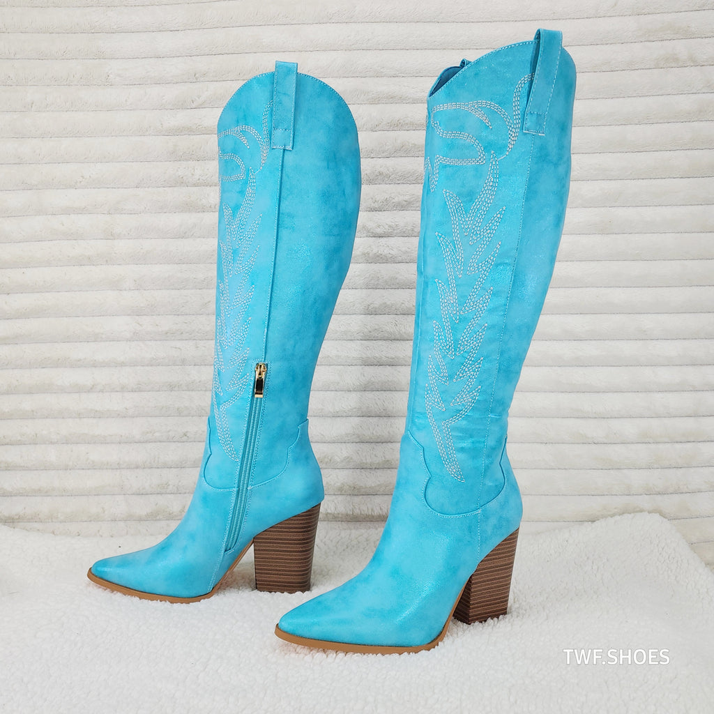 So Me Cruising Brushed Metallic Western Cowgirl Knee Boots Turquoise Blue - Totally Wicked Footwear