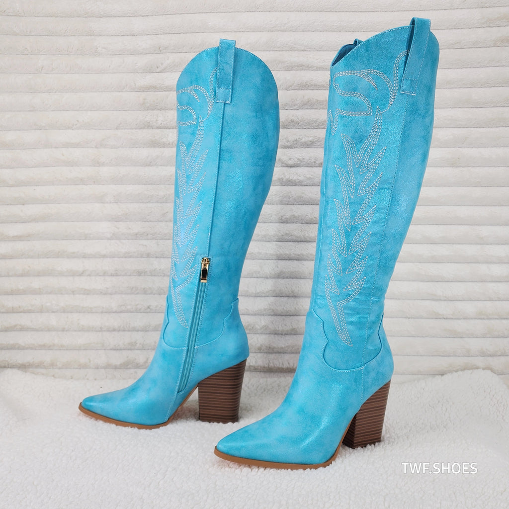 So Me Cruising Brushed Metallic Western Cowgirl Knee Boots Turquoise Blue - Totally Wicked Footwear