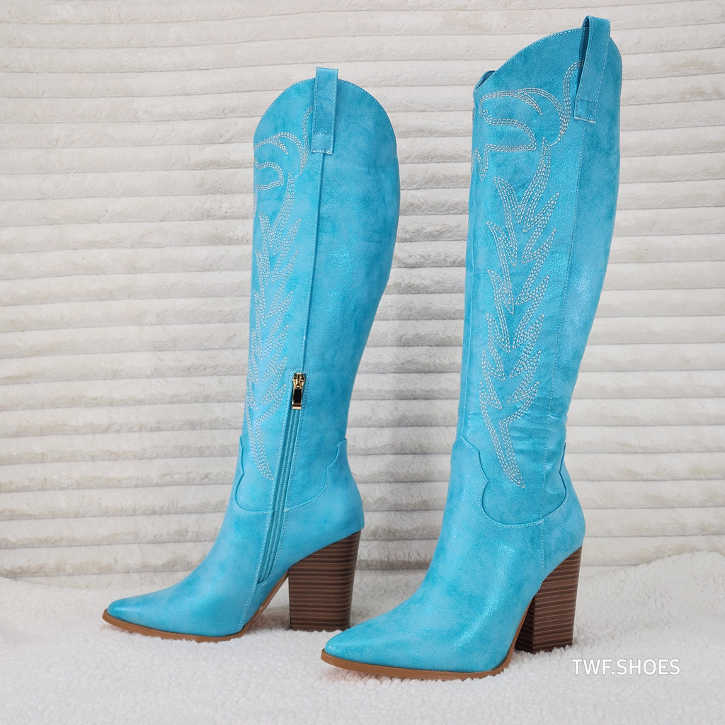 So Me Cruising Brushed Metallic Western Cowgirl Knee Boots Turquoise Blue - Totally Wicked Footwear