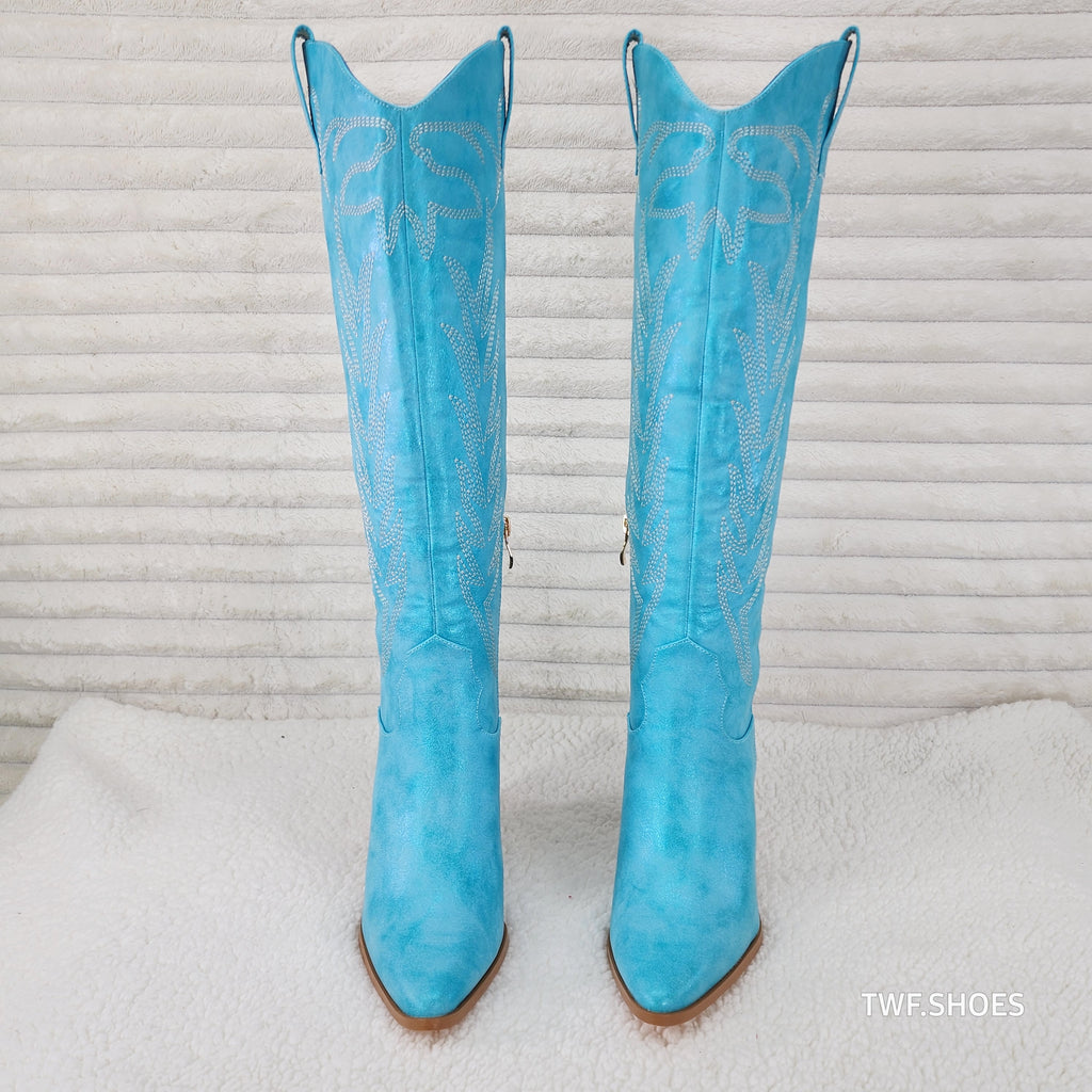 So Me Cruising Brushed Metallic Western Cowgirl Knee Boots Turquoise Blue - Totally Wicked Footwear