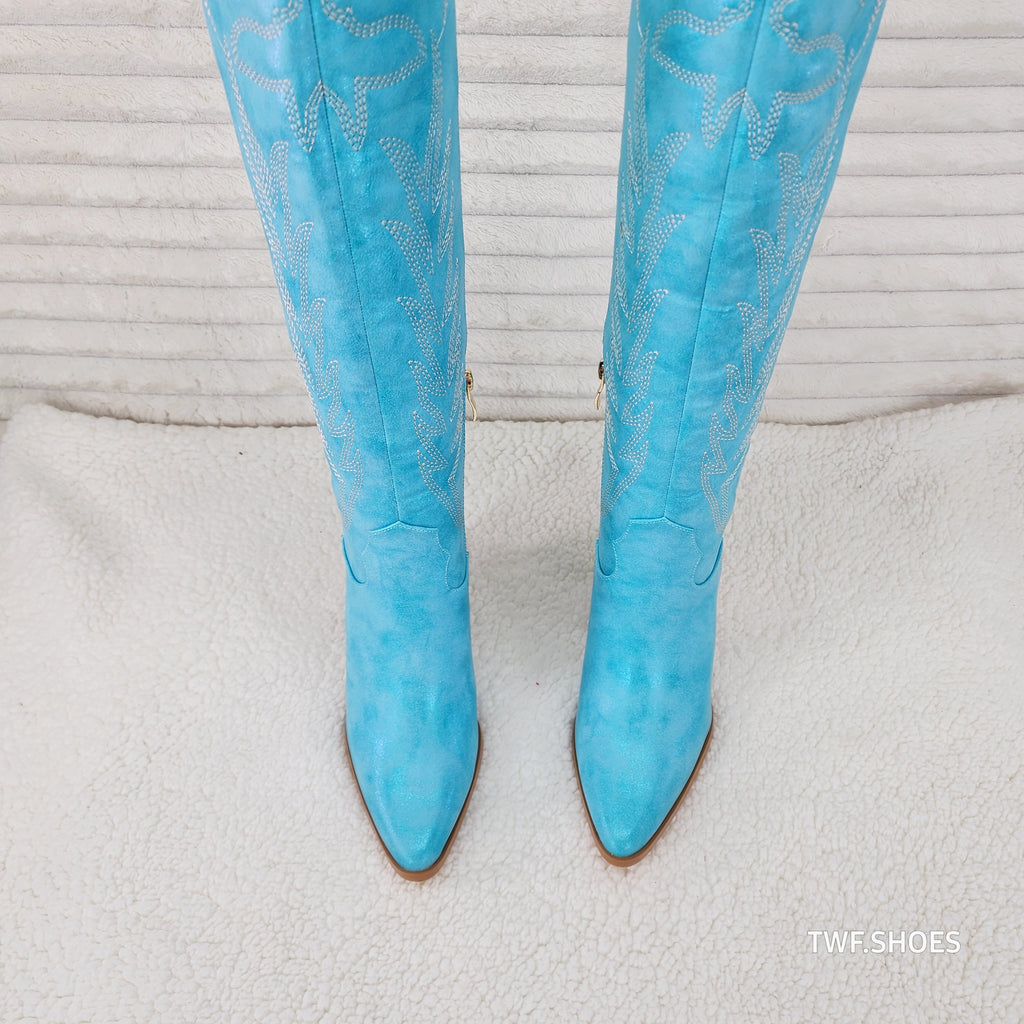 So Me Cruising Brushed Metallic Western Cowgirl Knee Boots Turquoise Blue - Totally Wicked Footwear