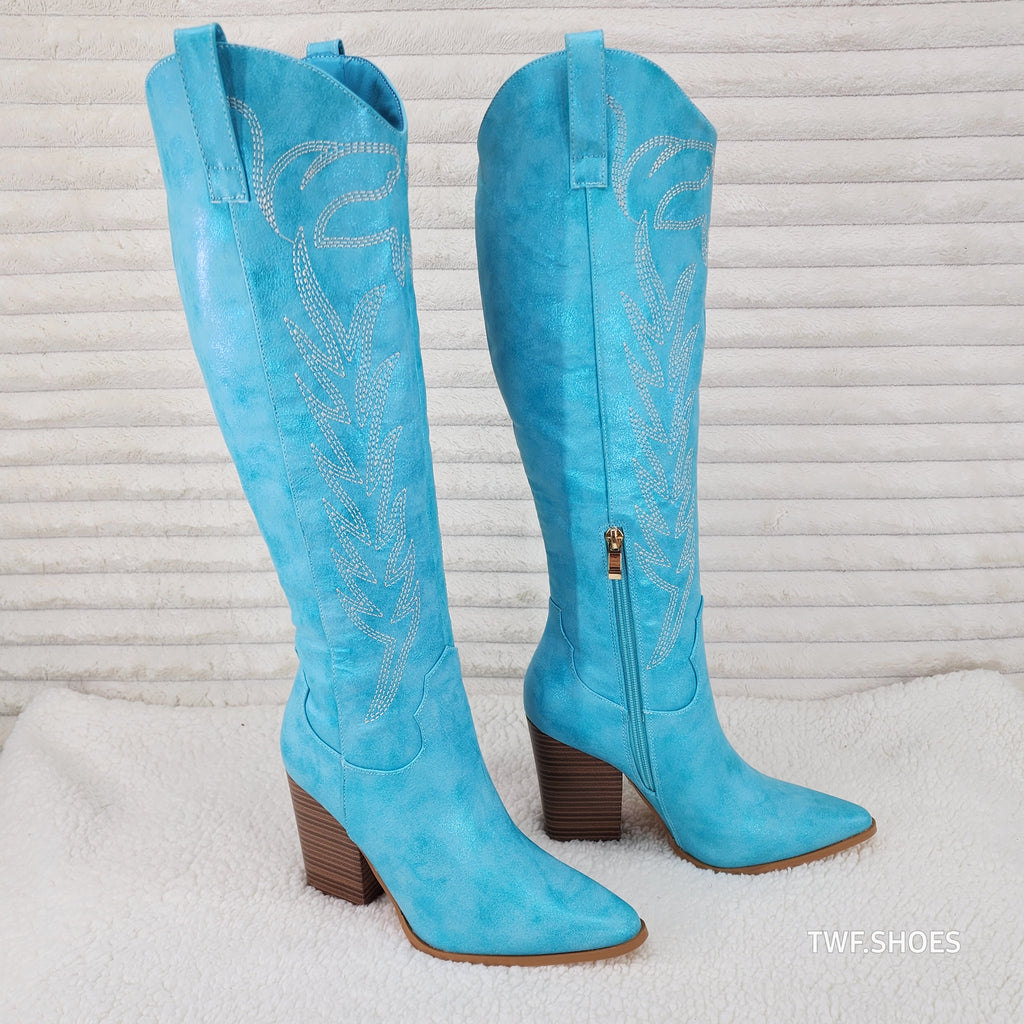 So Me Cruising Brushed Metallic Western Cowgirl Knee Boots Turquoise Blue - Totally Wicked Footwear