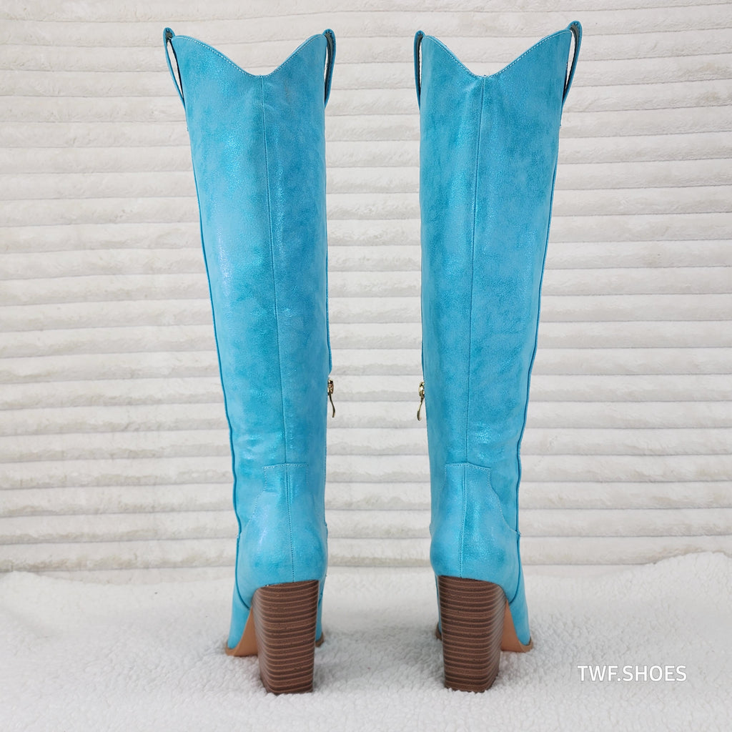 So Me Cruising Brushed Metallic Western Cowgirl Knee Boots Turquoise Blue - Totally Wicked Footwear