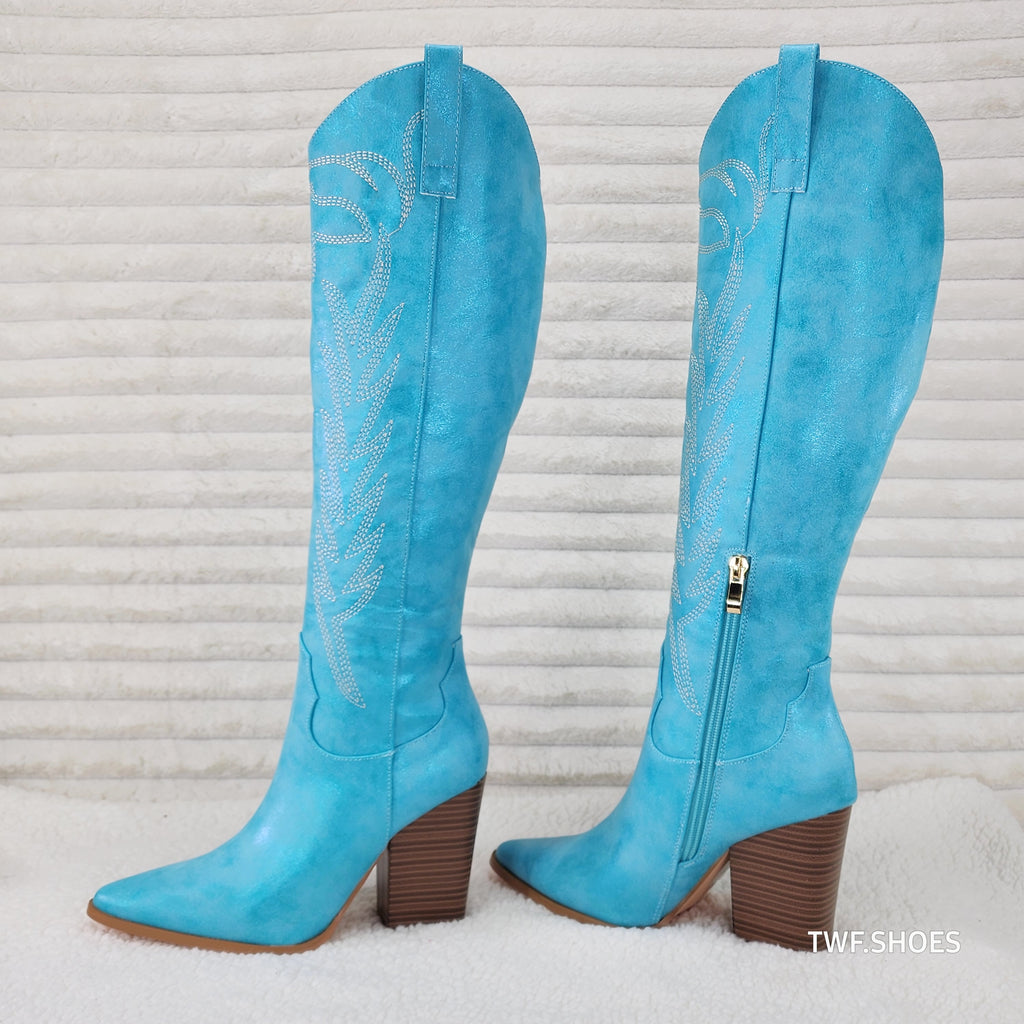 So Me Cruising Brushed Metallic Western Cowgirl Knee Boots Turquoise Blue - Totally Wicked Footwear