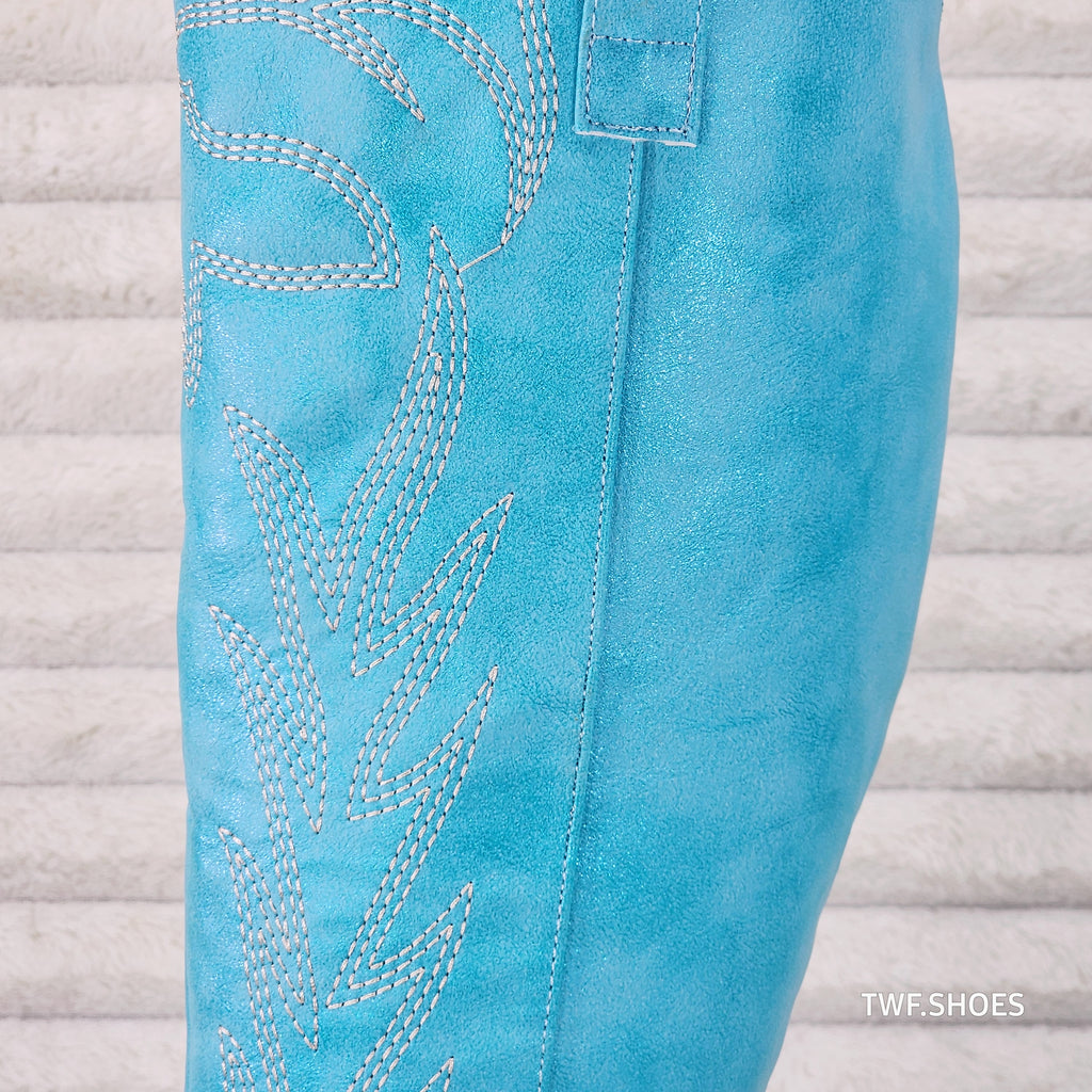 So Me Cruising Brushed Metallic Western Cowgirl Knee Boots Turquoise Blue - Totally Wicked Footwear