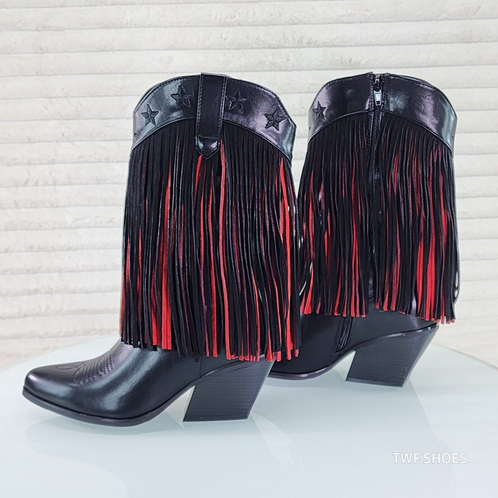 Country Swing Black and Red Fringe Western Cowgirl Boots Tuck Zipper - Totally Wicked Footwear
