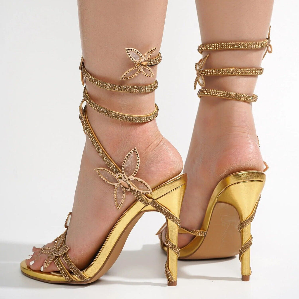 Fly Girl Gold Upper & Rhinestones Butterfly Wrap Strap High Heels - Totally Wicked Footwear