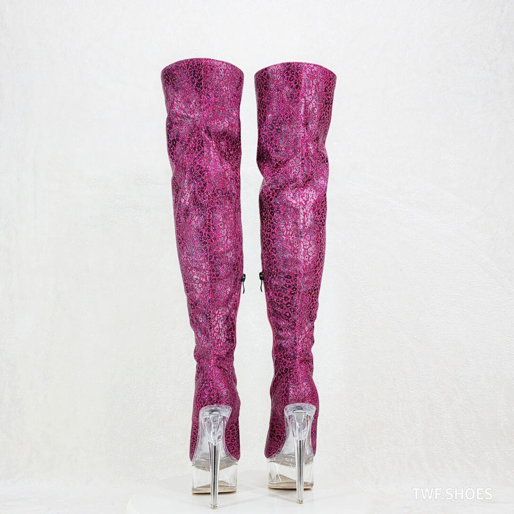 Bulls Purple Glitter Leopard Print OTK Clear Platform High Heel Thigh Boots - Totally Wicked Footwear