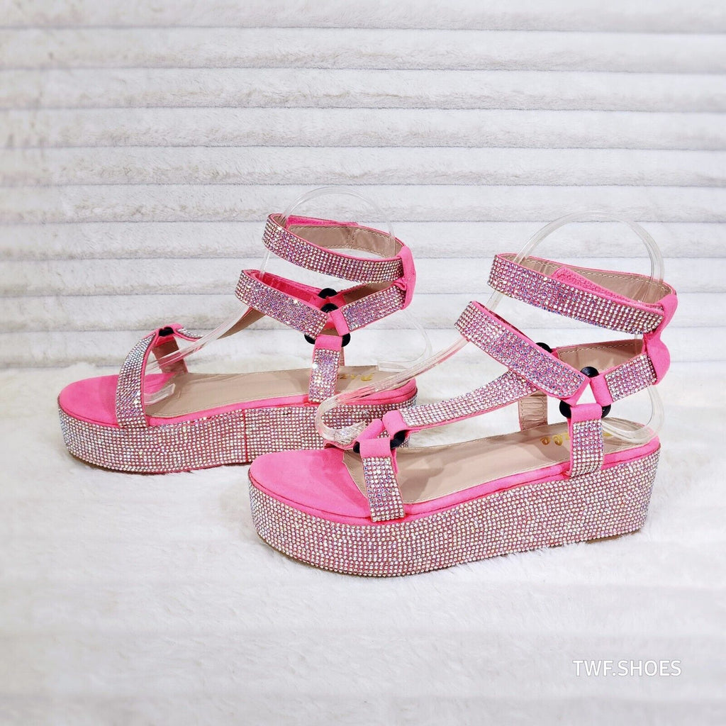 Pazzle Pink 2" Platform Harness Strap Sparkling Iridescent Rhinestone Sandals - Totally Wicked Footwear