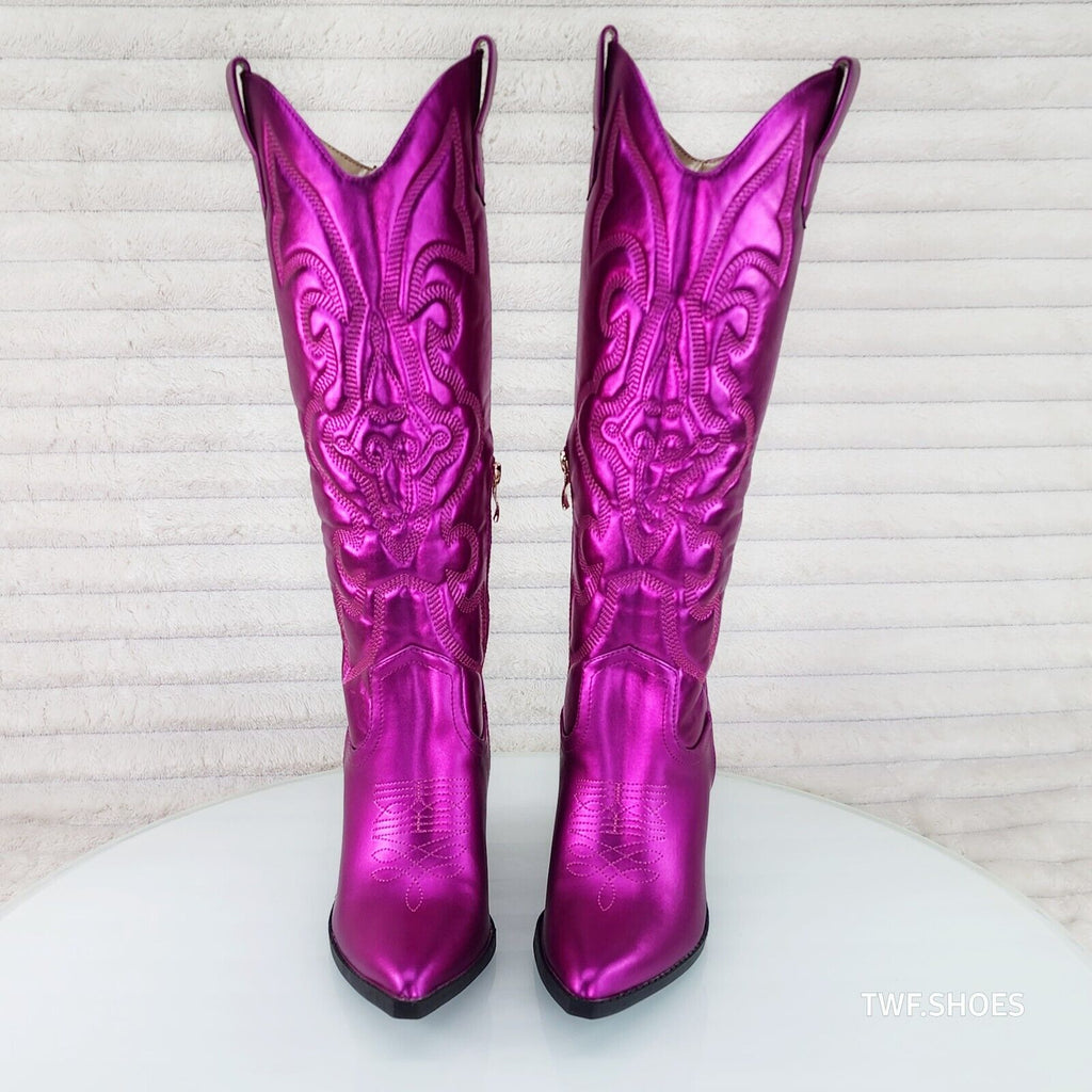 Electric Cowboy Metallic Matte Western Knee High Cowgirl Boots Hot Fuchsia Pink - Totally Wicked Footwear