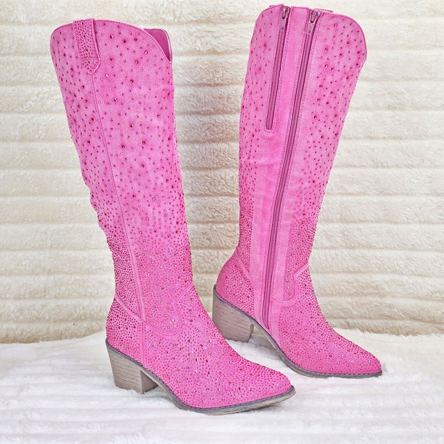 Wild Ones Glamour Cowboy Rhinestone Cowgirl Boots Tuck Zipper Fuchsia Pink - Totally Wicked Footwear
