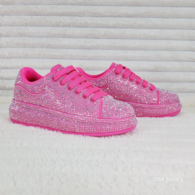 Dazzle Cush Bright Hot Pink Neon Rhinestone Comfy Platform Sneakers Tennis Shoes - Totally Wicked Footwear