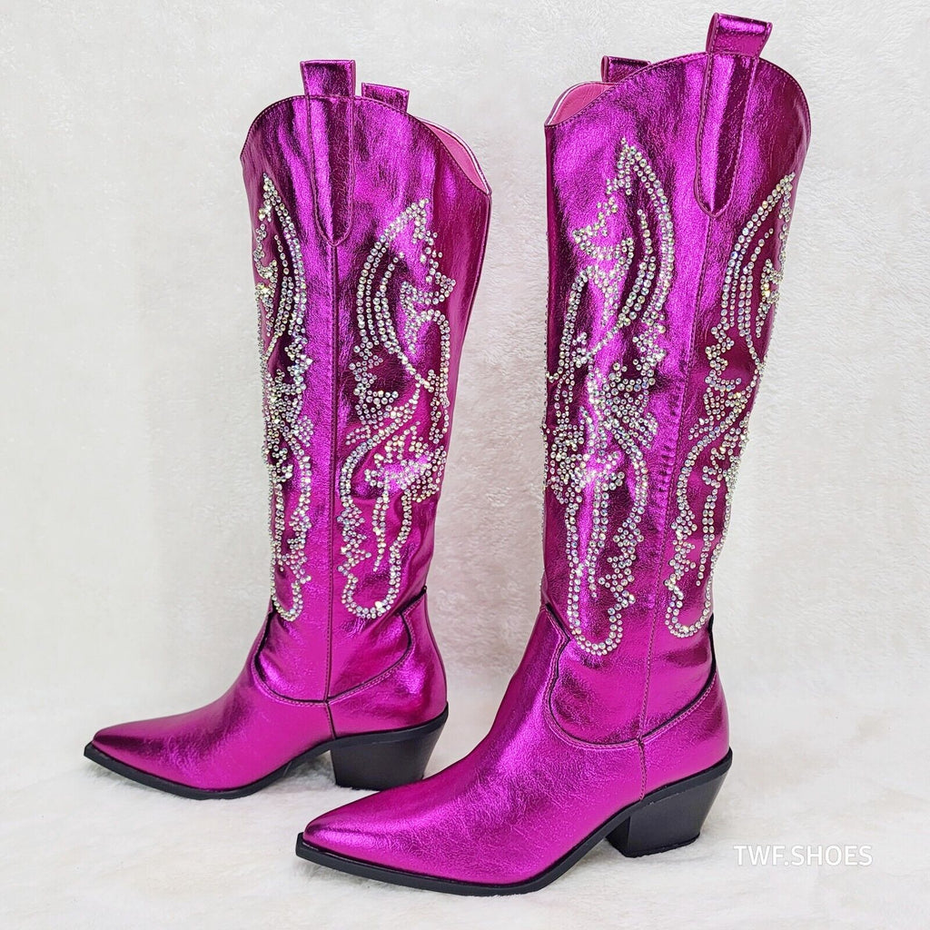 Razzle Metallic Pink Fuchsia Country Western Cowgirl Knee Boot Rhinestone Dazzle - Totally Wicked Footwear