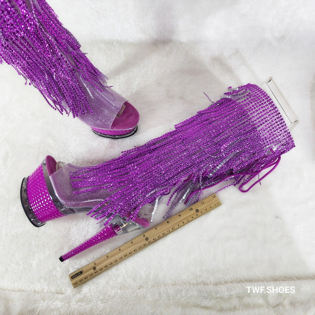 Illusion Fuchsia Pink Textured Platform Fringe High Heel Open Toe Knee Boots - Totally Wicked Footwear