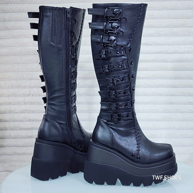 Shaker Black Matte Platform 4.5" Wedge Heel Skull Buckle Knee Boots NY DEMONIA - Totally Wicked Footwear