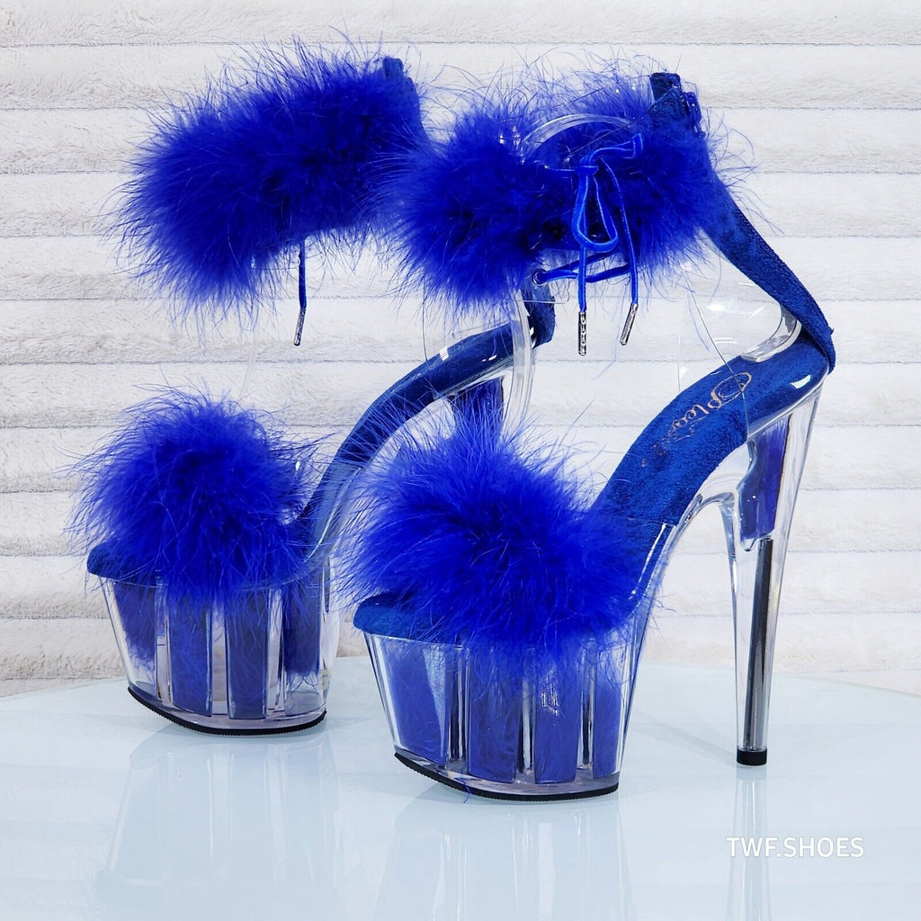 Adore 724 Brilliant Blue Marabou Platform Shoes Sandals 7" High Heel Shoes NY - Totally Wicked Footwear