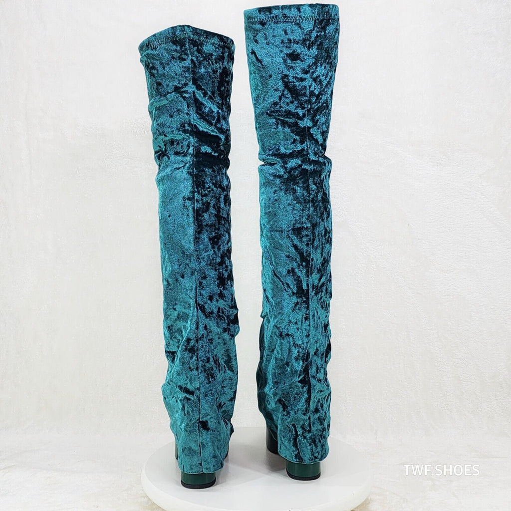 Unique Thigh High Green Velvet Fold over Skirted Chunky Heel Platform Boots - Totally Wicked Footwear