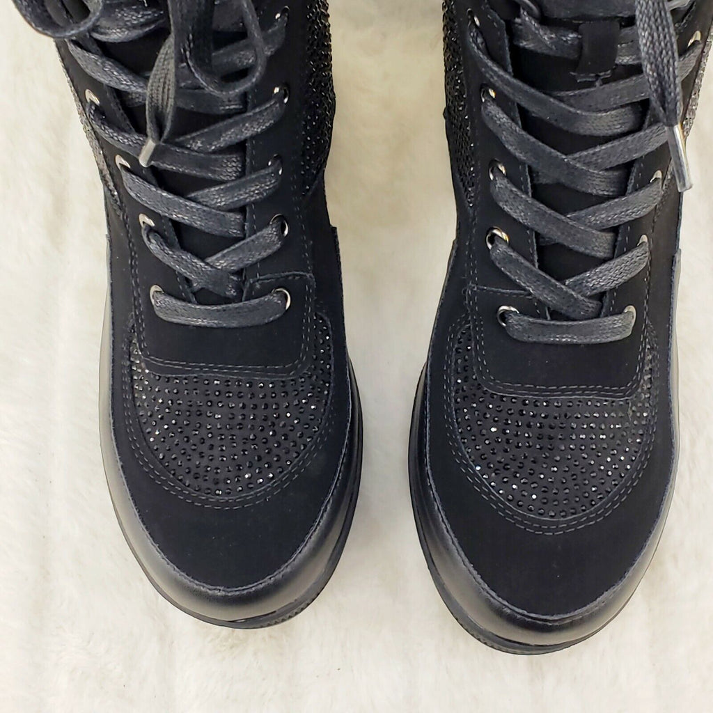 Queen Pin 2 Black Rhinestone Lace Up Platform Sneaker Combat Ankle Boots - Totally Wicked Footwear