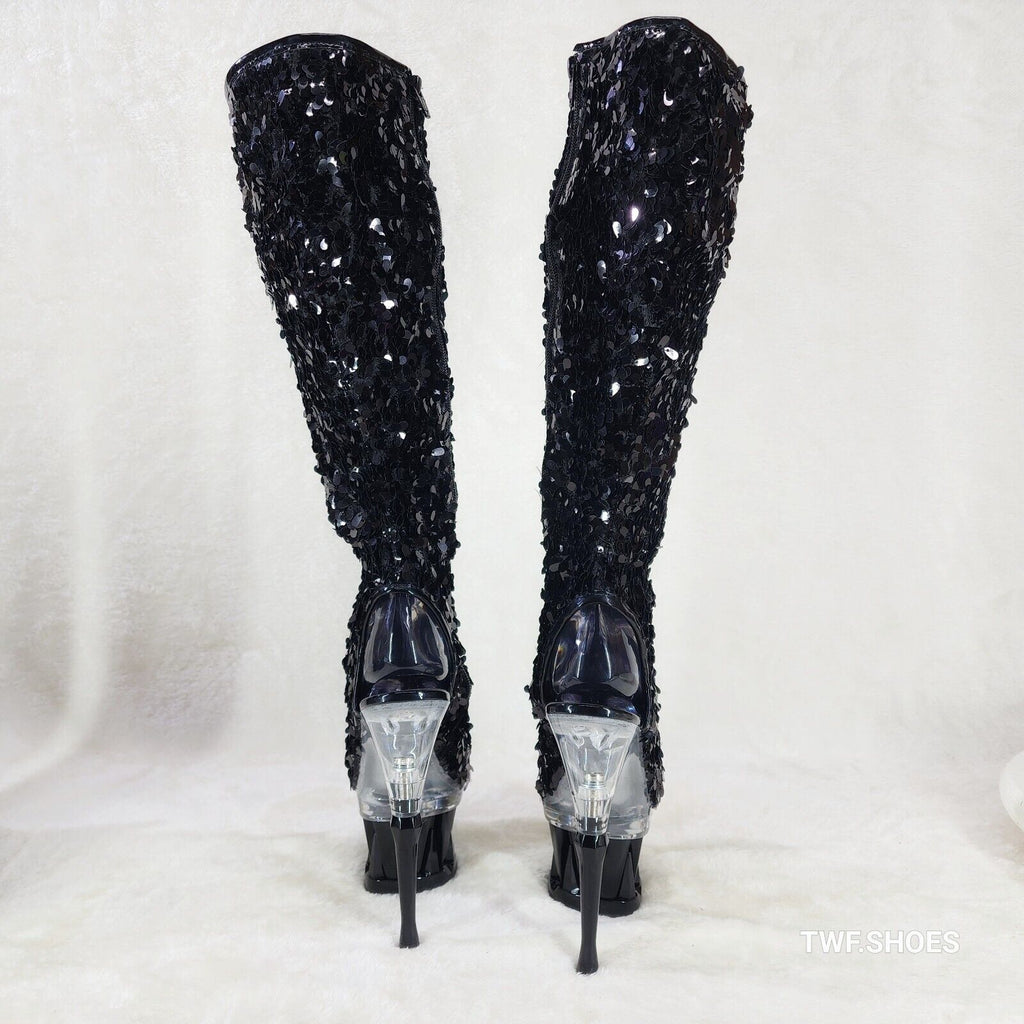 Pleaser Spiky Black Sequin Knee Boots Spiked Design Platform - Totally Wicked Footwear