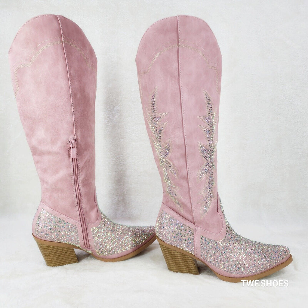 Annie Pink Leatherette With Rhinestones Country Glam Western Cowgirl Knee Boots - Totally Wicked Footwear