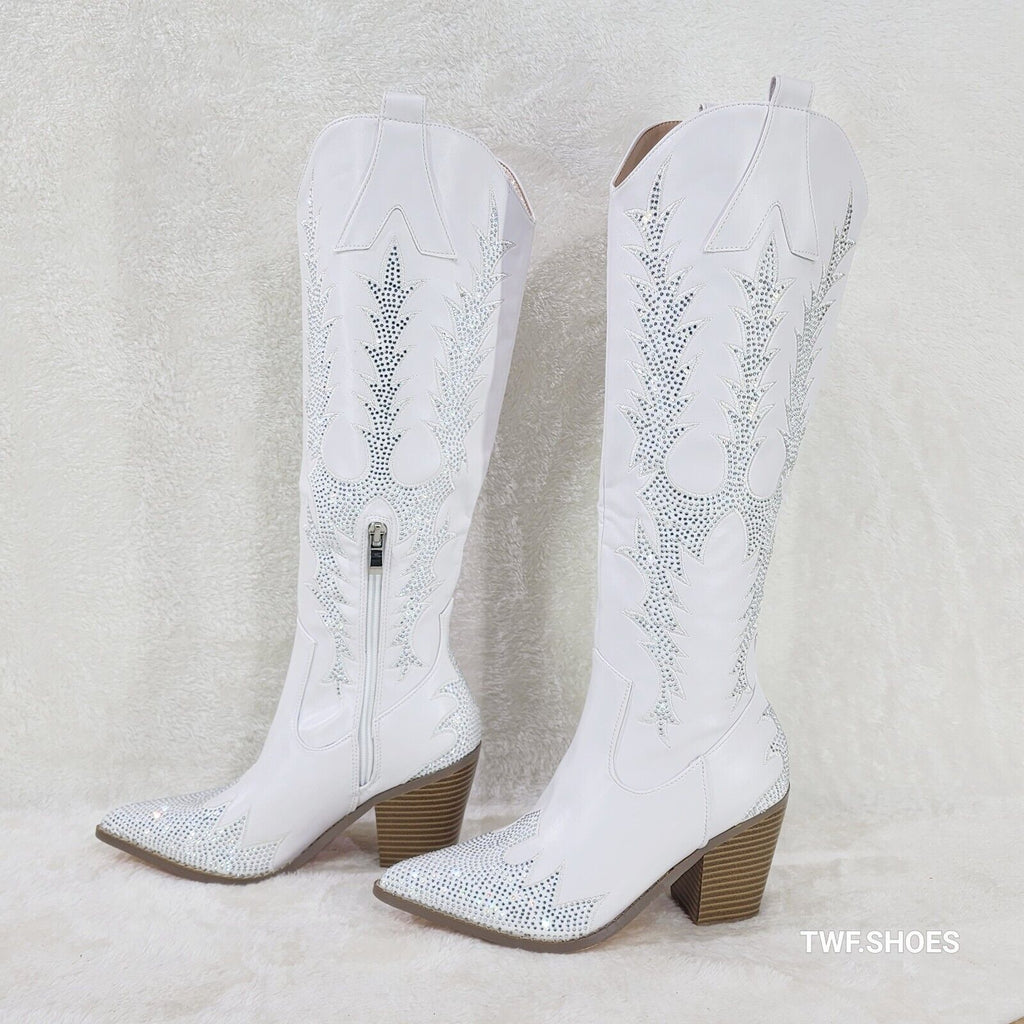 Rodeo Flash White Matte Rhinestone Western Knee High Cowgirl Boots - Totally Wicked Footwear