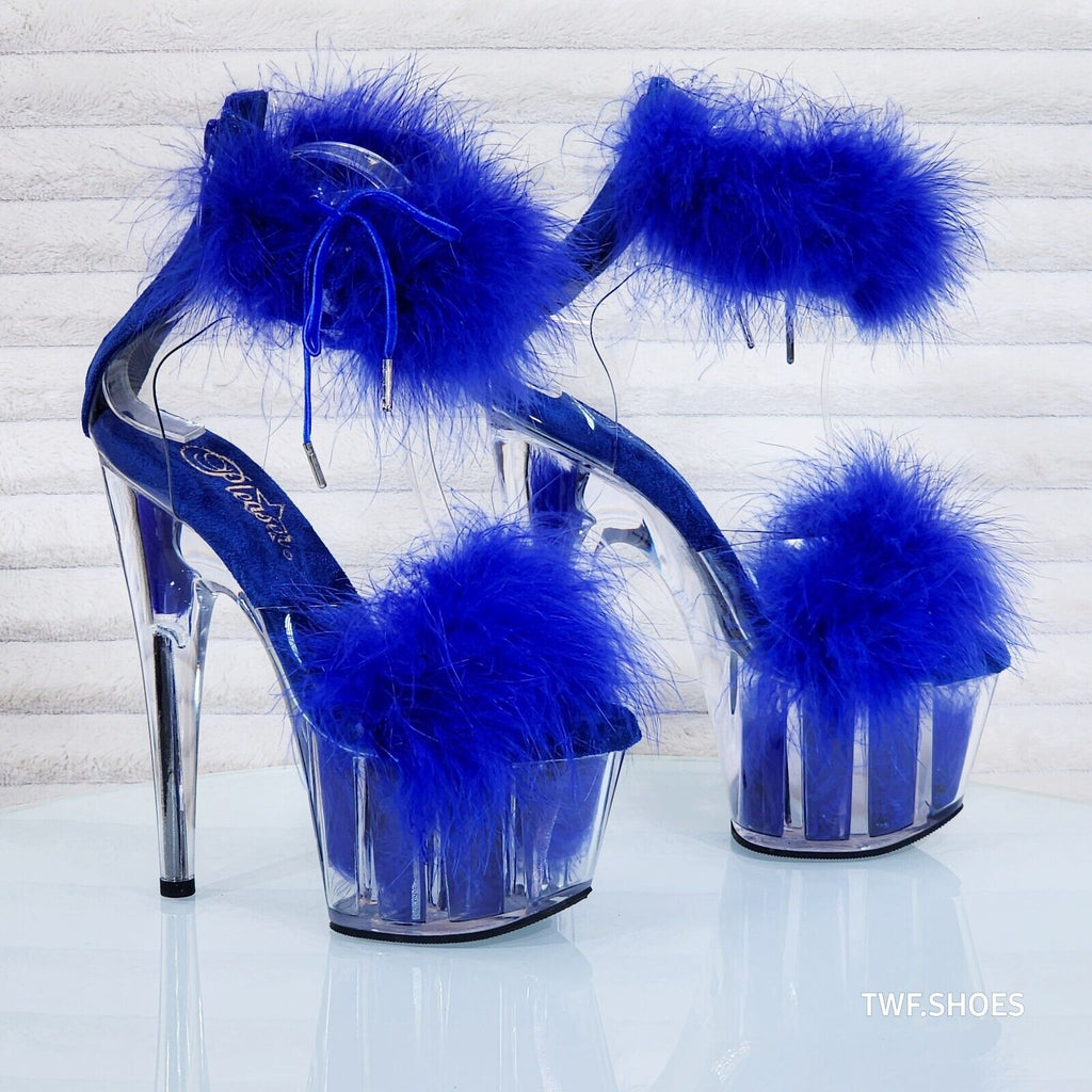 Adore 724 Brilliant Blue Marabou Platform Shoes Sandals 7" High Heel Shoes NY - Totally Wicked Footwear