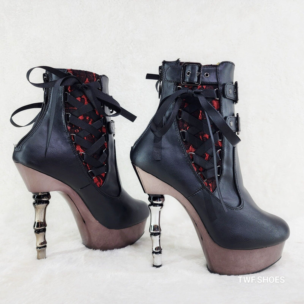 Muerto 1033 Red Lace Panel Finger Bone High Heel Platform Ankle Boots In House - Totally Wicked Footwear