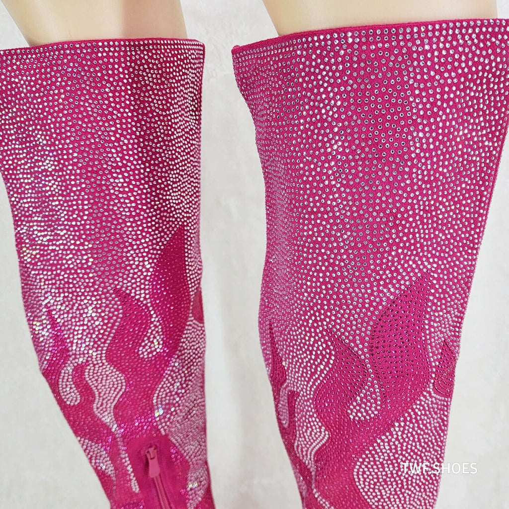 Fiery Desire Hot Fuchsia Pink Rhinestone Flame Detail Sexy OTK Thigh Boots - Totally Wicked Footwear