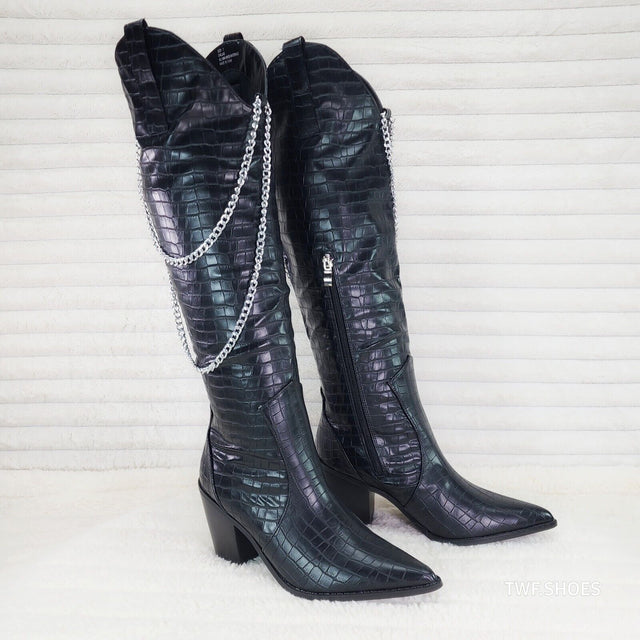 Dallas Black Snake Texture Western Knee High Draped Chain Cowgirl Boots - Totally Wicked Footwear