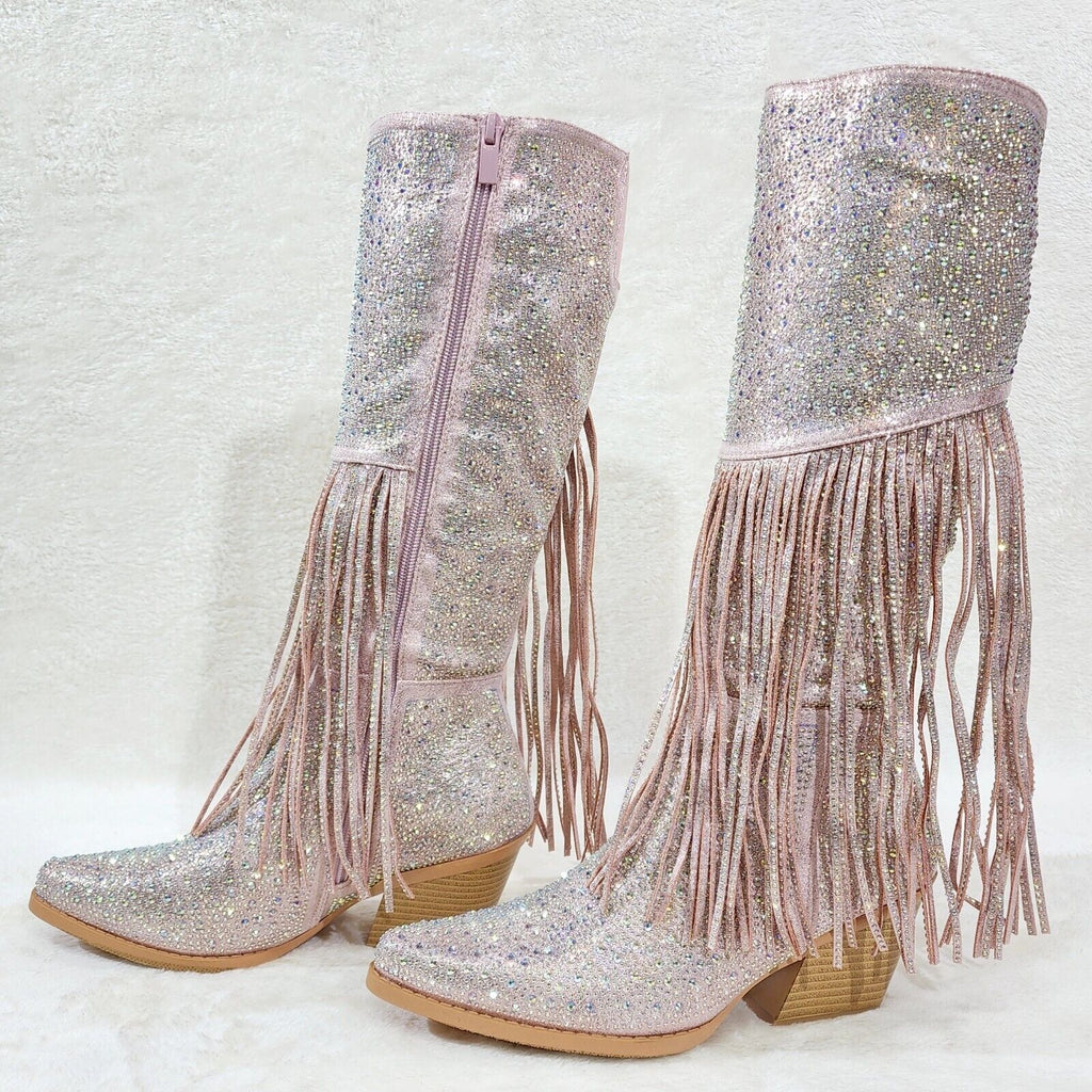 Western Diva Baby Pink Asymmetrical Fringe Rhinestone Glam Cowgirl Boots - Totally Wicked Footwear