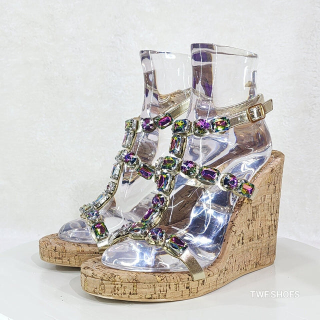 Summer Time Colorful Jeweled Cork Wedge High Heel Sandals - Totally Wicked Footwear
