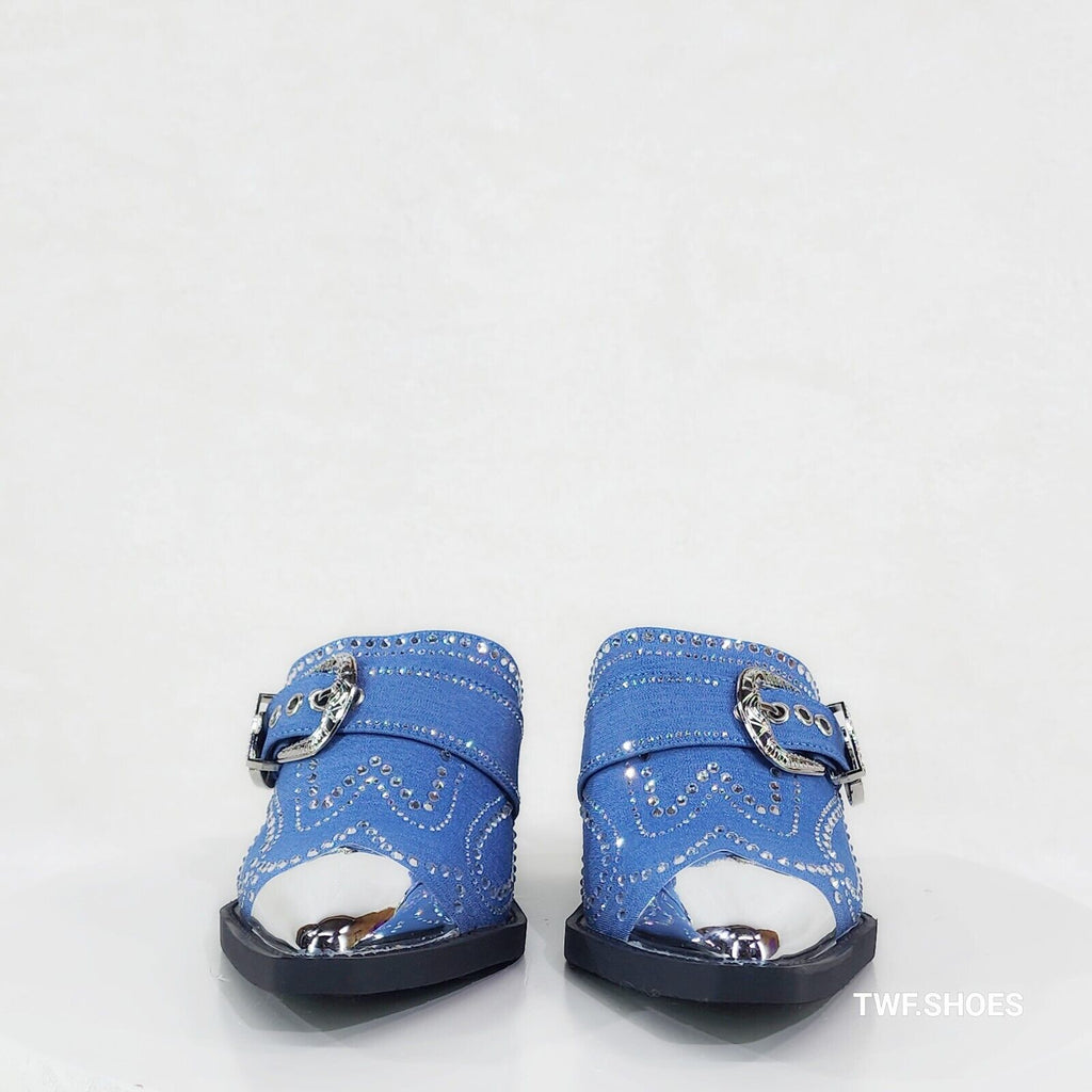Vive Western Slip On Mules Blue Denim Rhinestones Metal Toe Guard Design - Totally Wicked Footwear