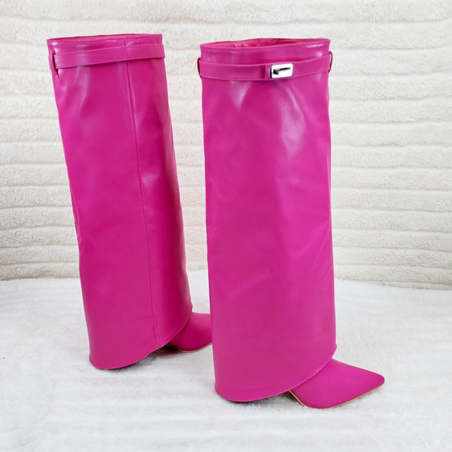 Paris Fuchsia Pink Skirted Fold Over 3.5" Block Heel Knee High Boots - Totally Wicked Footwear