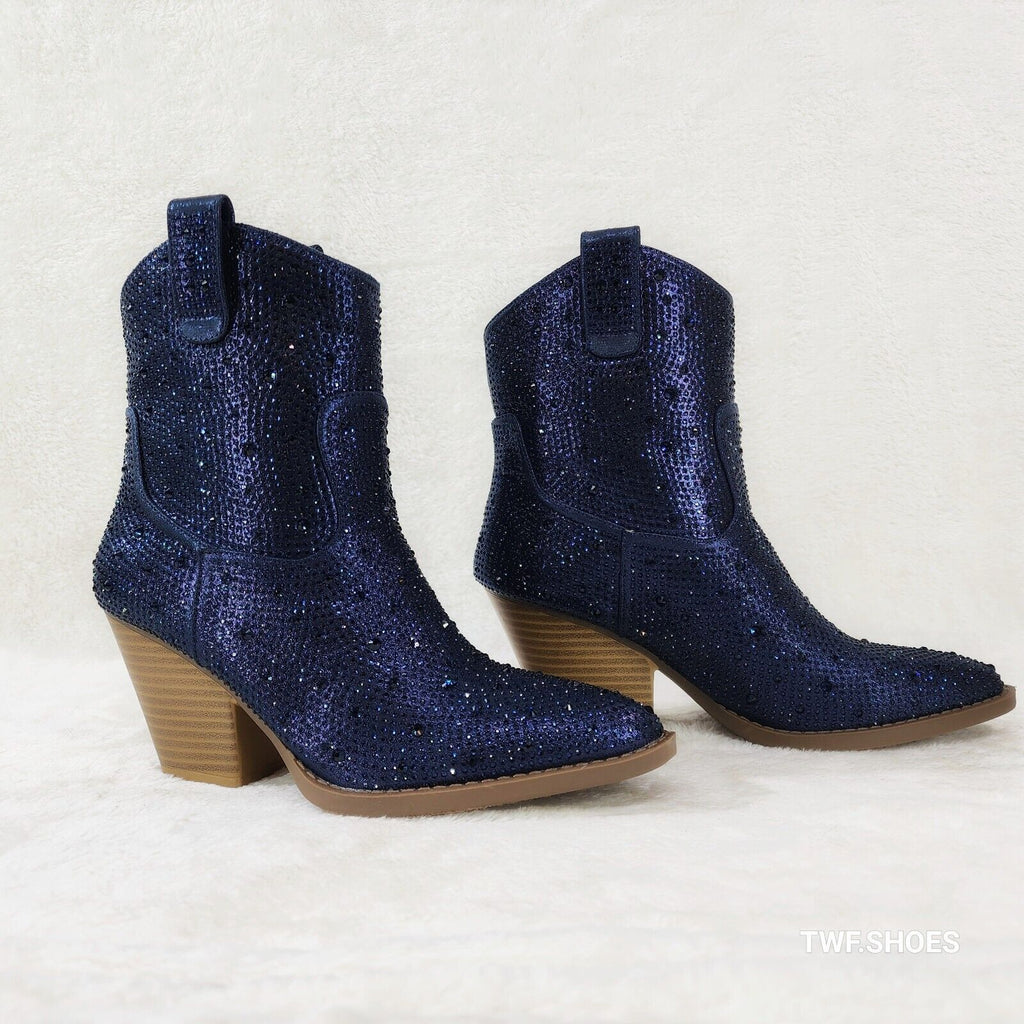 Dolly Navy Blue Rhinestone Glitter Cowgirl Country Glam Western Ankle Boots - Totally Wicked Footwear