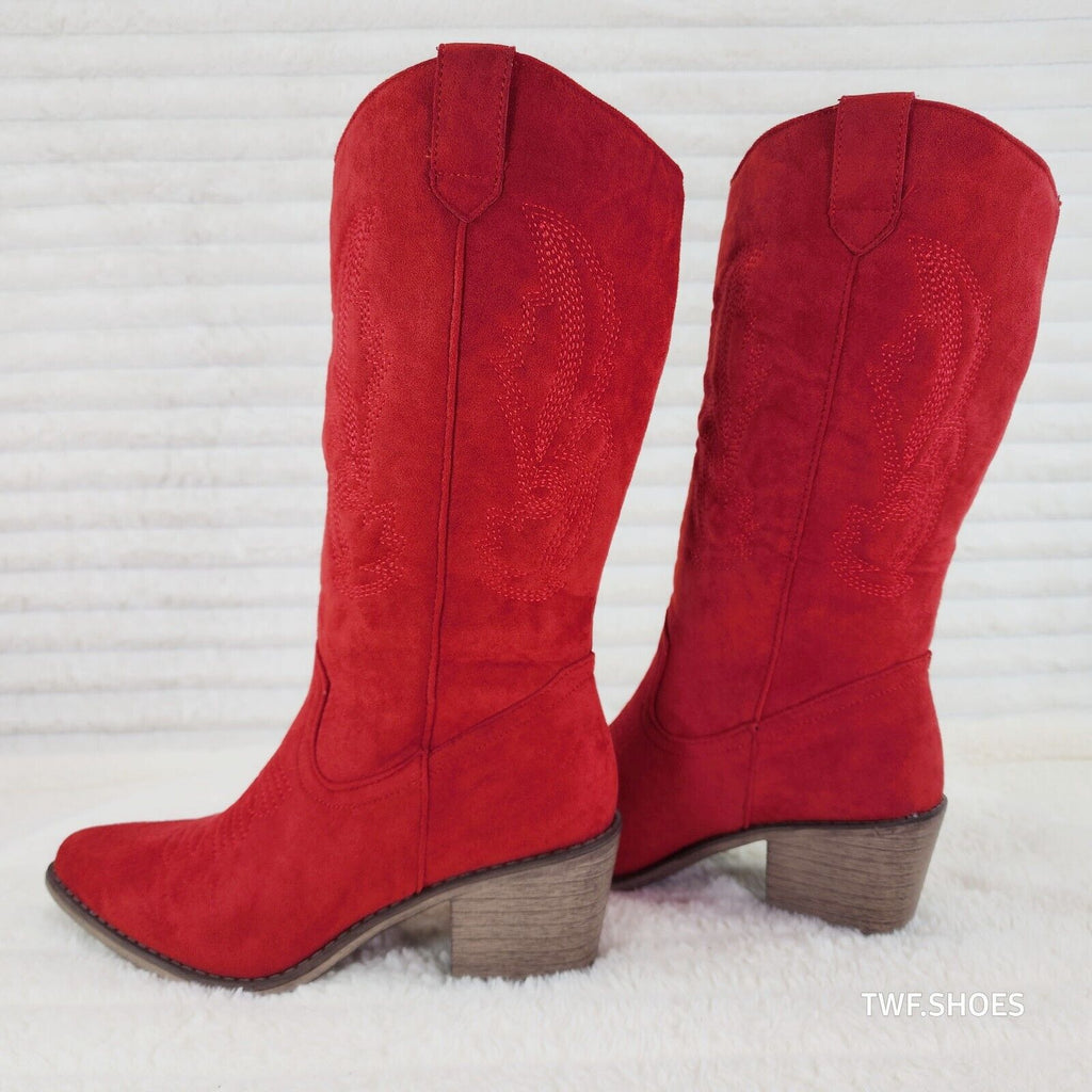 Wild Ones Red Faux Suede Pull On Mid Calf Cowboy Cowgirl Boots - Totally Wicked Footwear