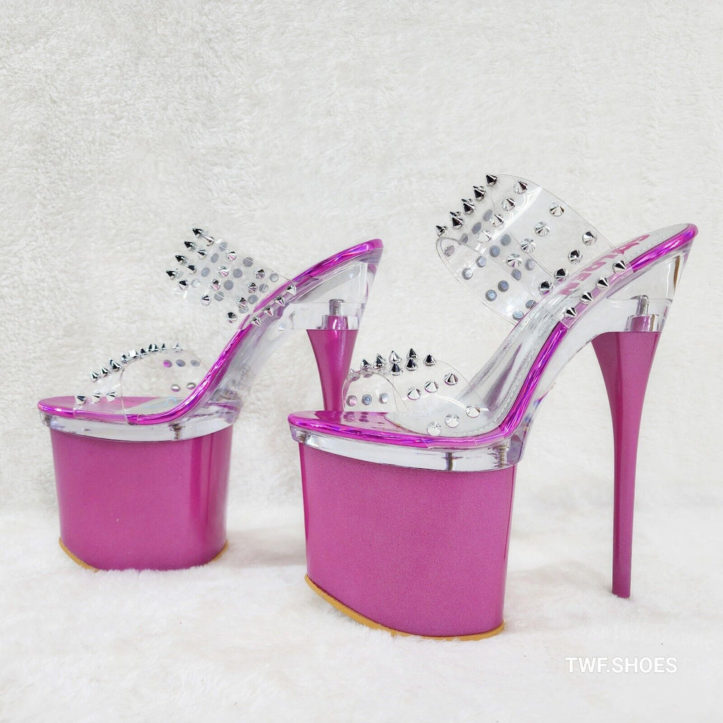 Bulls Sleek Slim 8" Towering Platform Heels Purple Double Clear Spiked Straps Sl - Totally Wicked Footwear