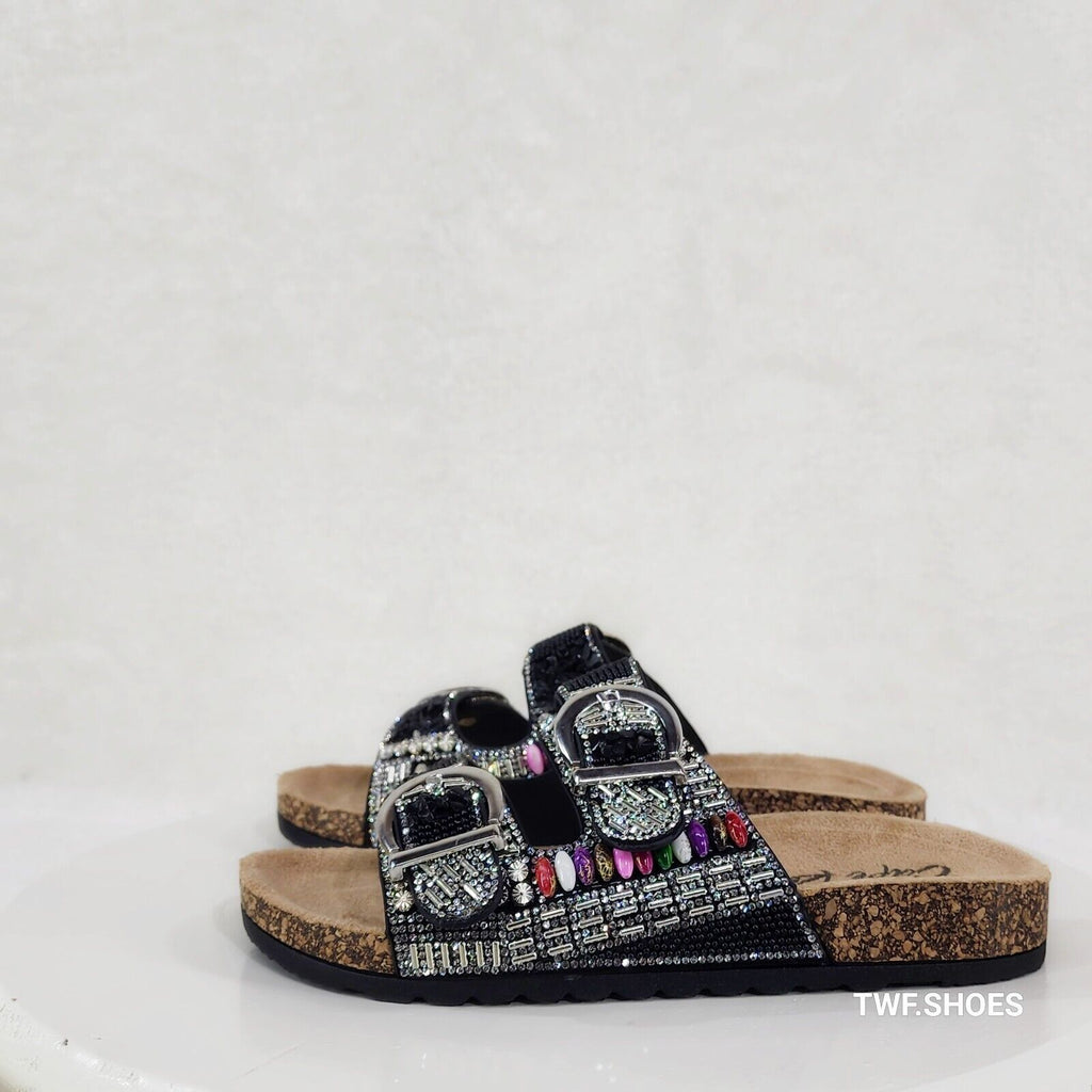 Zany Double Buckle Strap Rhinestone Beaded Slip on Mule Sandals - Totally Wicked Footwear