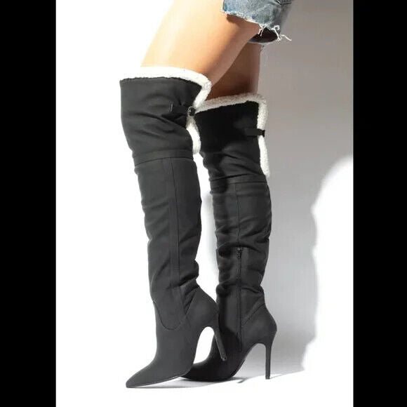 Cozy Craze Black Nubuck Over The Knee Fleece High Heel Thigh Boots - Totally Wicked Footwear