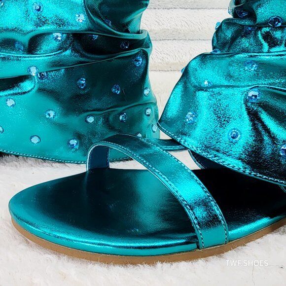 Fabulous Metallic Green Mermaid Upper & Rhinestones Sandal Slouch Boots Shooties - Totally Wicked Footwear