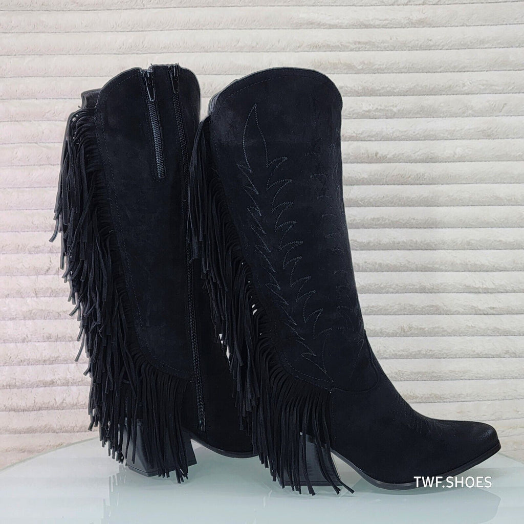 Dusty Roads Black Faux Suede Back Fringe Western Cowgirl Boots - Totally Wicked Footwear