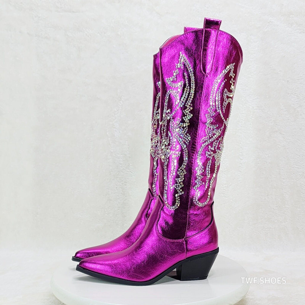 Razzle Metallic Pink Fuchsia Country Western Cowgirl Knee Boot Rhinestone Dazzle - Totally Wicked Footwear