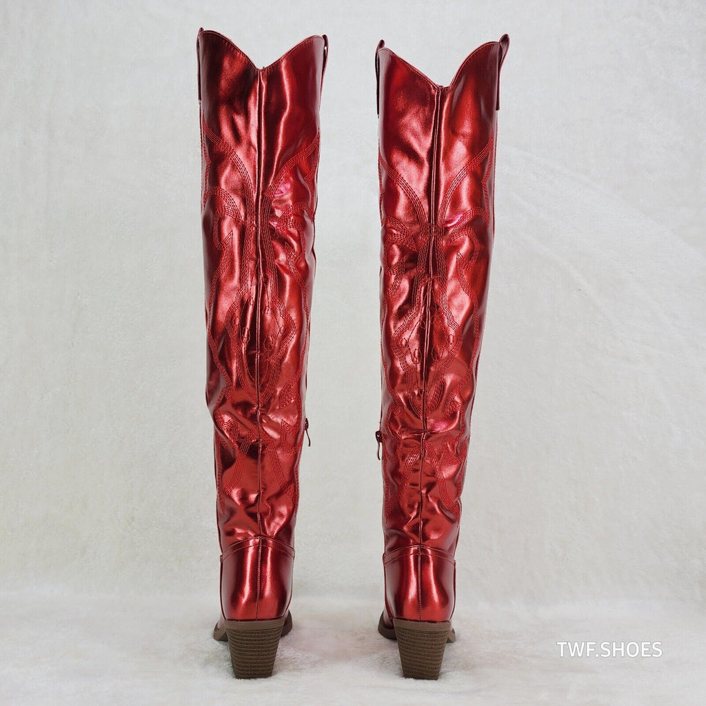 Country Disco Cowboy Metallic Red Western Cowgirl OTK Thigh Boots - Totally Wicked Footwear