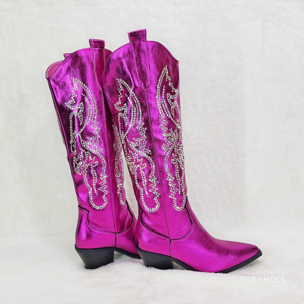 Razzle Metallic Pink Fuchsia Country Western Cowgirl Knee Boot Rhinestone Dazzle - Totally Wicked Footwear