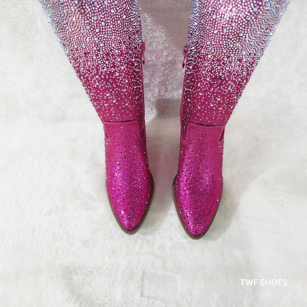 Wild One Glamour Cowboy Fuchsia Hot Pink / Silver Ombre Rhinestone Cowgirl Boots - Totally Wicked Footwear