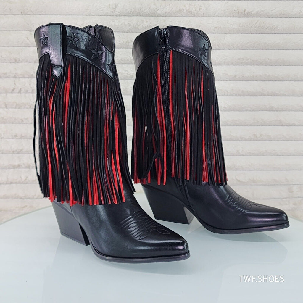 Dusty Roads Mid Calf Black and Red Fringe Country Western Cowgirl Boots - Totally Wicked Footwear