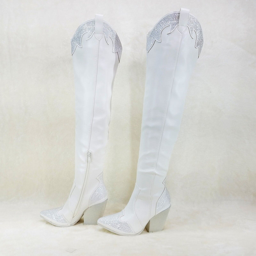 Primal Country Western Sexy White OTK Thigh Boots With Rhinestone Trims - Totally Wicked Footwear