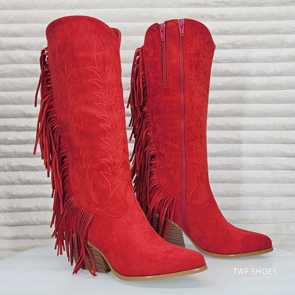 Dusty Roads Red Faux Suede Back Fringe Western Cowgirl Boots - Totally Wicked Footwear