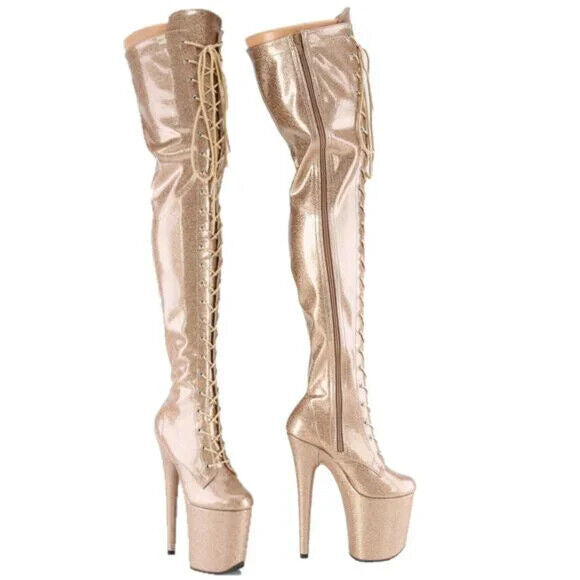 3020 Gold Glitter Patent 3020 Lace Up Thigh High Platform Boots Flamingo 8" Heel - Totally Wicked Footwear