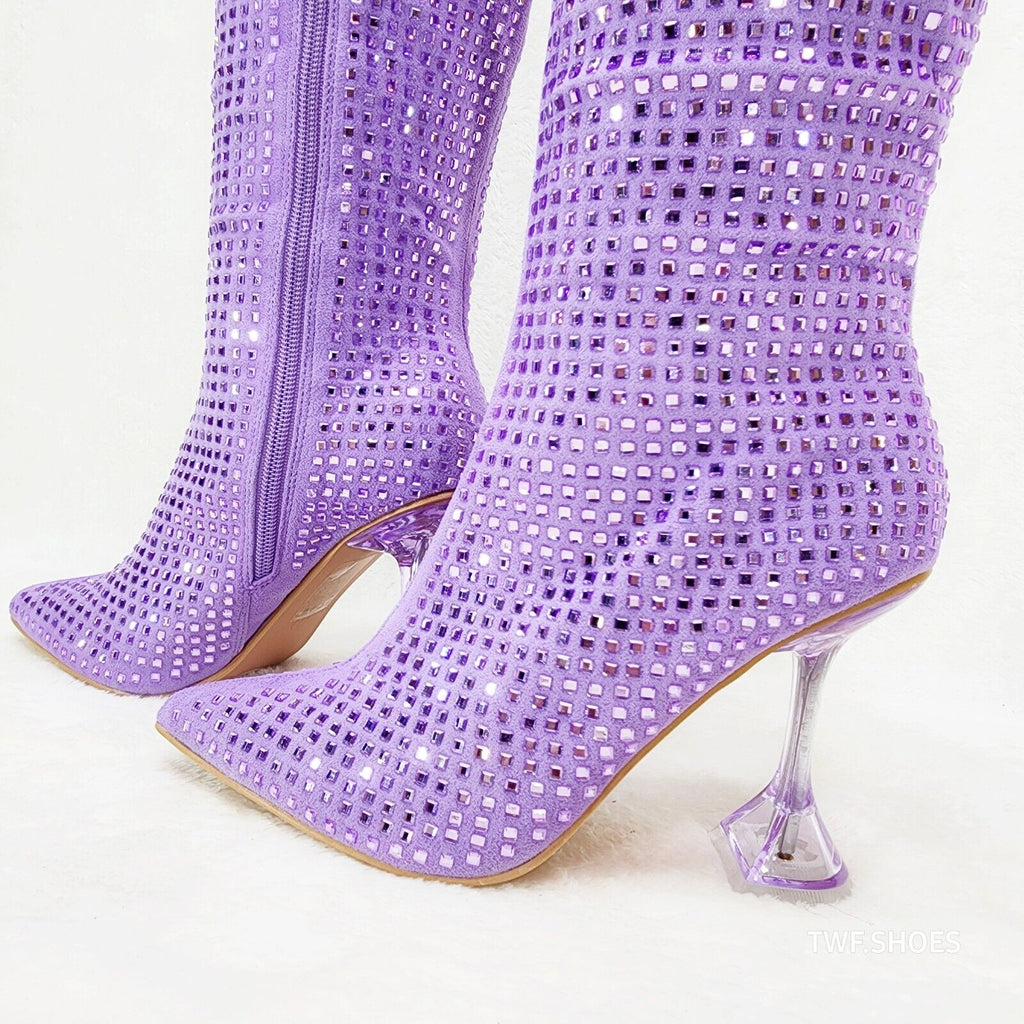 Glamour Shot Mirrored Rhinestone Tinted 4" Pyramid Heel Knee Boots Lilac Purple - Totally Wicked Footwear