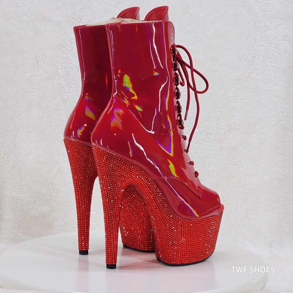Bejeweled Red Rhinestone Platform Lace Up Ankle Boots 7" High Heels IN HOUSE - Totally Wicked Footwear